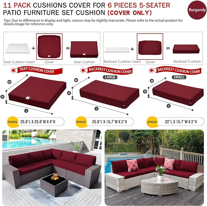 ClawsCover 11Pack Outdoor Seat and Back Cushions Replacement Covers Fit for 5-Seater 6Pieces Wicker Rattan Patio Furniture Conversation Set Sectional Couch Chairs,Burgundy-Included Cover Only - LeafyLoom