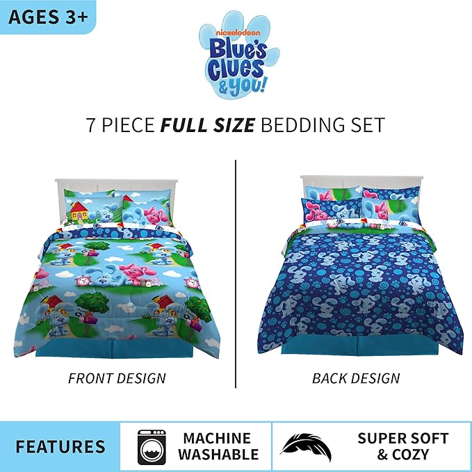 Franco Kids Bedding Super Soft Comforter and Sheet Set with Sham, 7 Piece Full Size, Blues Clues - LeafyLoom