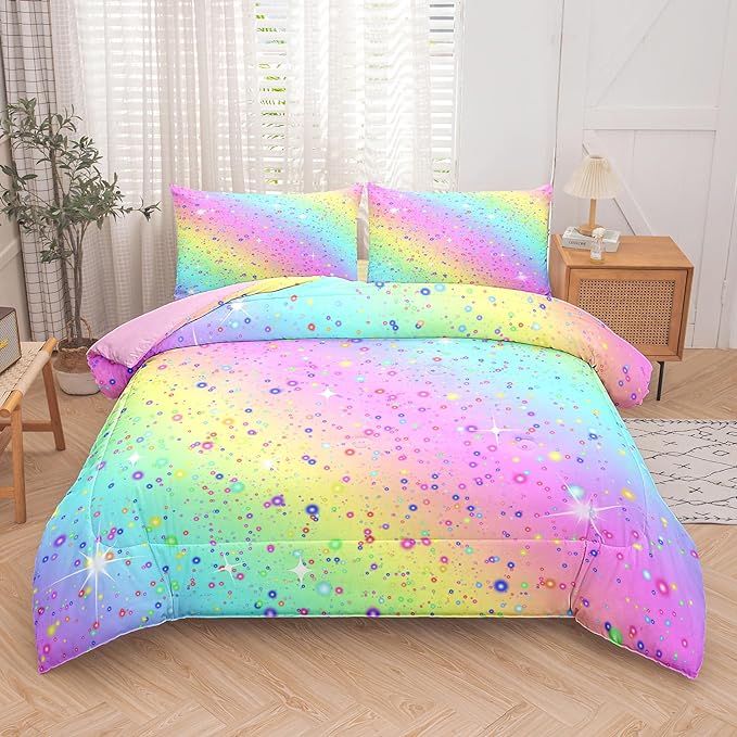 Girls Comforter Set Queen, Rainbow Bedding Set, Galaxy Twinkle Bedding for Kids Teens, Colorful Pastel Bedding Set, 5 pcs Bed in A Bag Queen, Kids Princess Bedding Set for Girls - LeafyLoom