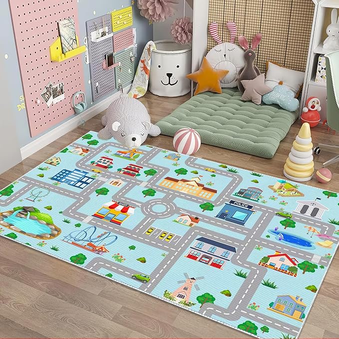 Kids Car Rug,4x6 City Life Traffic Road Playmat for Toy Cars Trains, Non-Slip Race Track Carpet Educational Fun Area Rugs for Boy and Girl Bedroom Nursery - LeafyLoom