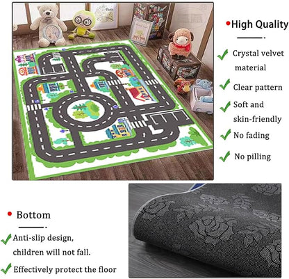 kid rug carpet playmat for toy cars and trains,road traffic kids play area rug,city Life town play Mat for Playroom Bedroom Boys,Children's Educational Fun Throw Rug with Rubber Backing 55X79IN - LeafyLoom