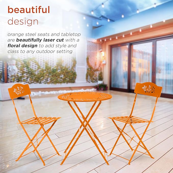 Alpine Corporation Indoor/Outdoor 3-Piece Bistro Set Folding Table and Chairs Patio Seating, Each, Orange - LeafyLoom