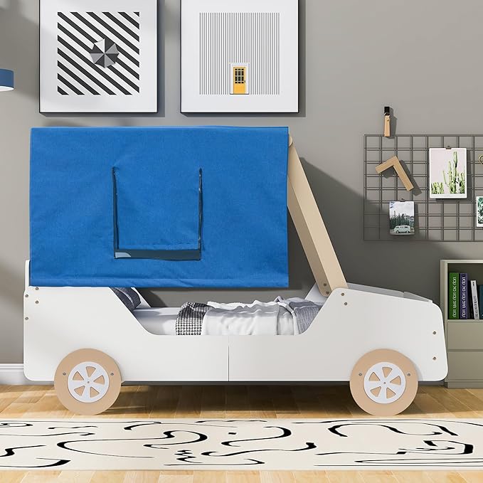 Full Size Kids Car Bed with Tent Canopy & Wheels,Wood Bedframe W/Safty Grille,Raised Base Design,Easy Assembly,Toddler Boys Car-Shaped Bedroom Beds for Reading Playing Relaxing,White+Natural - LeafyLoom