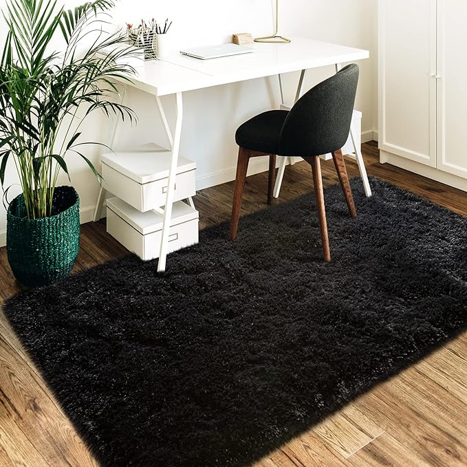 Super Soft Fluffy Shaggy Rugs 3x5 Feet for Living Room Bedroom, Fuzzy Plush Area Rugs for Girls Kids Room Nursery Home Decor, Furry Dorm Rug Cute Non-Slip Indoor Floor Carpet, Black - LeafyLoom