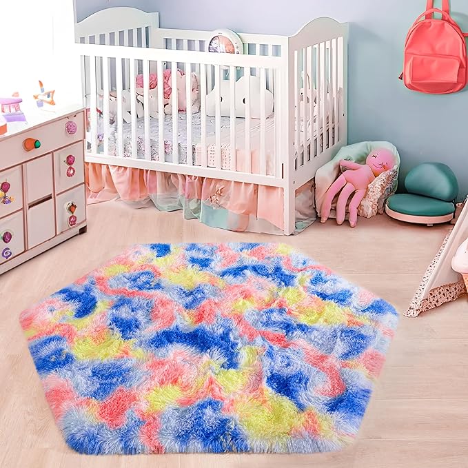 junovo Ultra Soft Hexagon Rug Fluffy Rainbow Nursery Rug for Princess Tent Kids Play Castle, Furry Hexagonal Carpet for Kids Girls Room Playhouse Classroom Dorm Home Decor, 4.6ft Tie-Dye Orange-Red - LeafyLoom