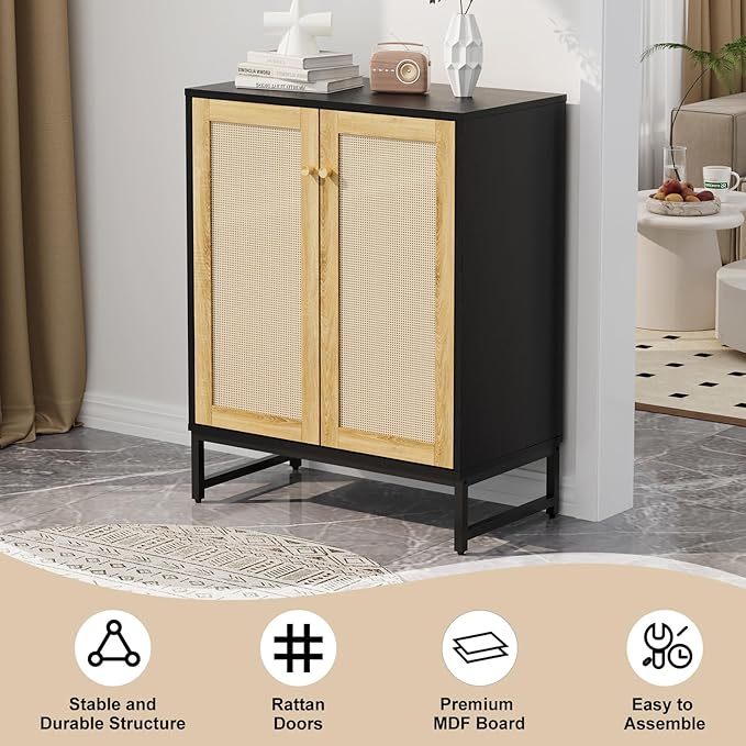 Sideboard Buffet Cabinet, Storage Cabinet with Double Rattan Doors, Modern Rattan Sideboard Cabinet, Kitchen Storage Cabinet with Metal Feet, for Entryway, Bedroom, Living Room (Black) - LeafyLoom