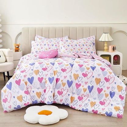 Mooreeke Full Size Comforter Sets for Girls Kids, 8 Pieces Bed in a Bag Pink Heart Bedding Comforter Sheet Set with Shams and Decorative Toy Pillow, Ultral Soft Microfiber Kids Bed Set - LeafyLoom