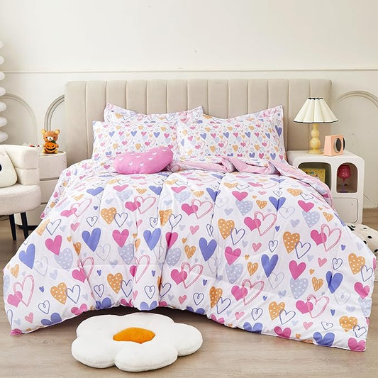 Mooreeke Twin Size Comforter Sets for Girls Kids, 6 Pieces Bed in a Bag Pink Heart Bedding Comforter Sheet Set with Shams and Decorative Toy Pillow, Ultral Soft Microfiber Kids Bed Set - LeafyLoom