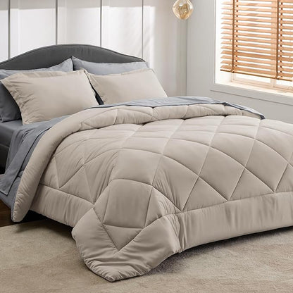 Bedsure Beige Comforter Set - 7 Pieces Reversible Bed in a Bag with Comforters, Sheets, Pillowcases & Shams, Bedding Sets - LeafyLoom