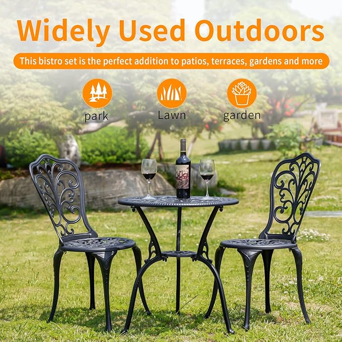 Patio Bistro Set 3 Piece Outdoor,Cast Aluminum Outdoor Bistro Table and Chair Set of 2 with 1.97" Umbrella Hole,All Weather Metal Bistro Table Set for Front Porch Set(Butterfly Black) - LeafyLoom