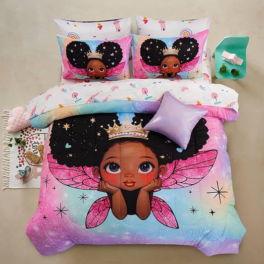 A Nice Night Black Girl Princess with Wings Comforter Set,Pink Gradient Glitter Rainbow Galaxy 6pcs Kids Bedding Set,Full - LeafyLoom