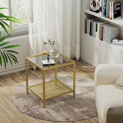 SAYGOER Glass Side Table Small Gold End Table for Small Spaces 2-Tier Square Night Stand with Storage Modern Bed Side Table with Gold Frame for Bedroom Living Room, Easy Assembly - LeafyLoom