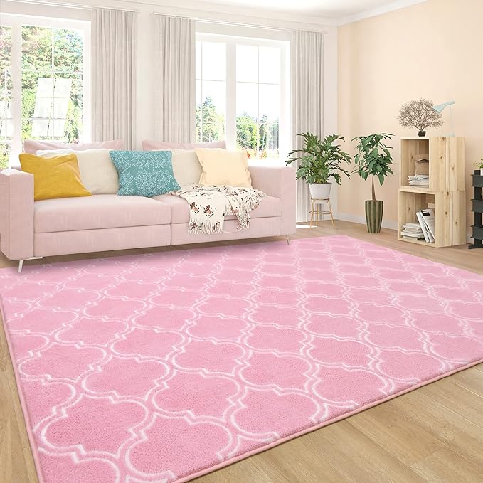 Chicrug Shag Geometric Modern Area Rug for Bedroom, 5x7 Feet Memory Foam Indoor Carpet, Fluffy Rug for Living Room Bedside Room Decor for Family Girls Kids Nursery Play Mat, Pink/White - LeafyLoom