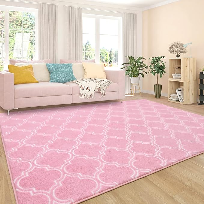 Chicrug Shag Geometric Modern Area Rug for Bedroom, 4x6 Feet Memory Foam Indoor Carpet, Fluffy Rug for Living Room Bedside Room Decor for Family Girls Kids Nursery Play Mat, Pink/White - LeafyLoom