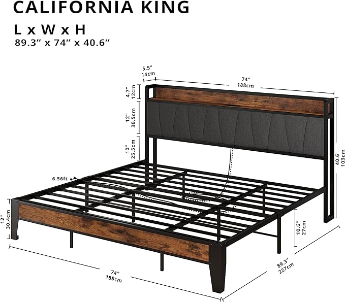 LIKIMIO California King Bed Frames, Storage Headboard with Charging Station, Solid and Stable, Noise Free, No Box Spring Needed, Easy Assembly - LeafyLoom