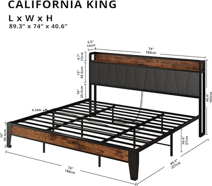 LIKIMIO California King Bed Frames, Storage Headboard with Charging Station, Solid and Stable, Noise Free, No Box Spring Needed, Easy Assembly - LeafyLoom