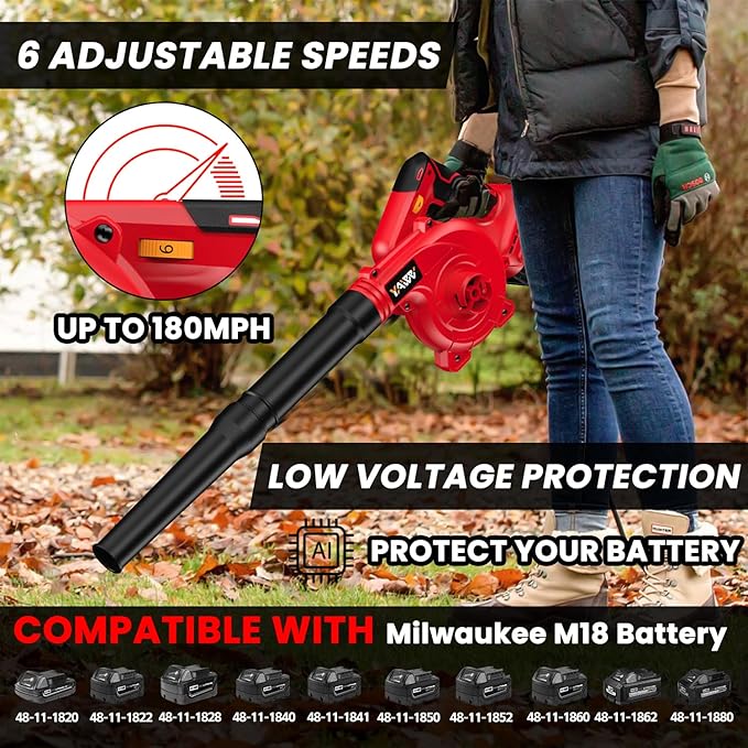 Cordless Leaf Blower for Milwaukee M18 Battery,Electric Jobsite Air Blower with Brushless Motor,6 Variable Speed Up to 180MPH,2-in-1 Handle Electric Blower and Vacuum Cleaner(Battery Not Included) - LeafyLoom