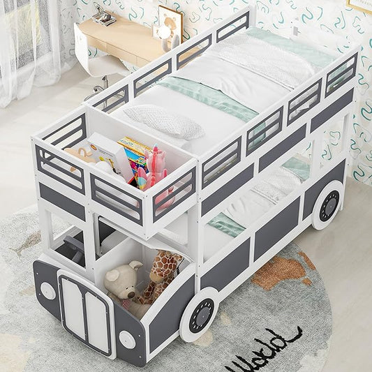 Twin over Twin Bus-shaped Bunk Bed with Wheels,Kids Car-Shaped Bedframe W/Storage,Space Saving,No Box Spring Needed,Wood Toy Bedroom Furniture for Boys Toddlers Teens Child,Gray+White - LeafyLoom