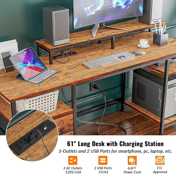 Furologee 61" Computer Desk with Power Outlet and USB Ports, Large Desk with Shelves and Drawer, Writing Study Desk with Fabric File Cabinet and Long Monitor Stand, Gaming Desk for Home Office - LeafyLoom