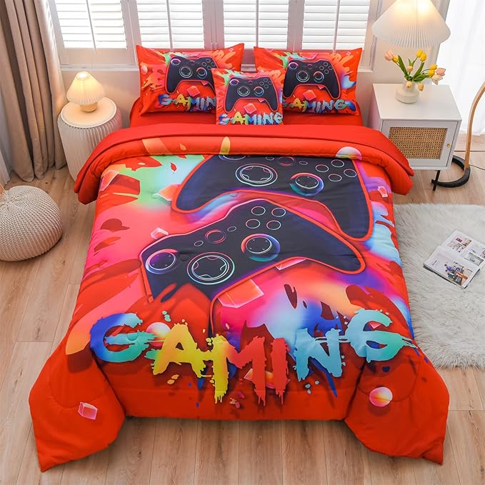 Aimuan Gaming Comforter Sets for Boys Kids Bedding Sets Video Games Console Action Buttons Novelty Colorful Game Gamepad Controller Modern Gamer Room Decor Home Quilt Set (Queen 6 Pcs,Red) - LeafyLoom