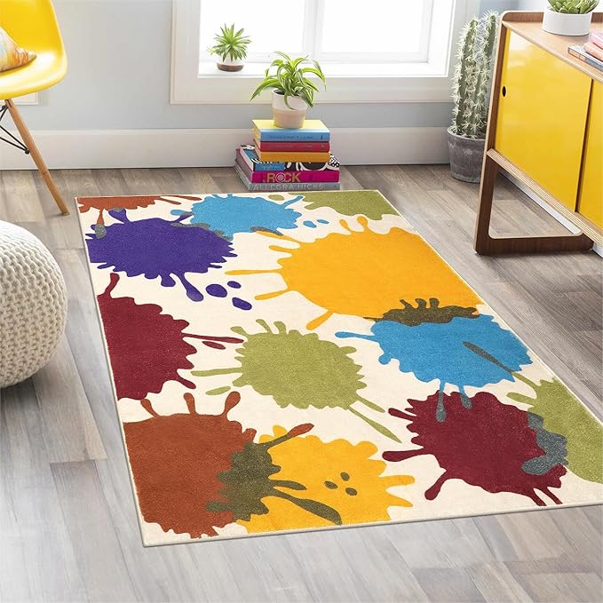 Colorful Kids Room Rug, 3'x5' Machine Washable Rug for Playroom, Paint Splatter Rainbow Area Rugs for Classroom, Soft Aesthetic Nursery Rug Throw Kids Play Mat for Bedroom Office Preschool - LeafyLoom