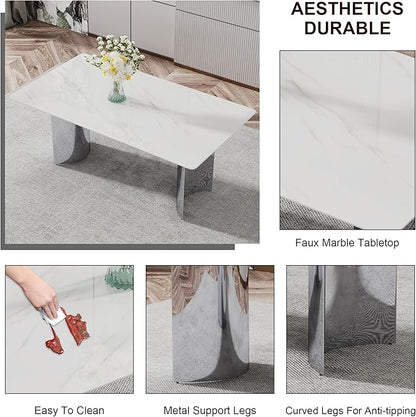 NicBex Modern Minimalist Dining Table White Imitation Marble Glass Desktop is Equipped with Silver Metal Legs Suitable for Restaurants and Living Rooms, White + Silver - LeafyLoom