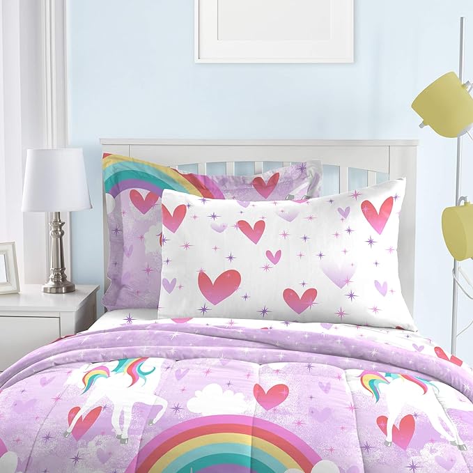 dream FACTORY Kids Twin Bedding Bundle with Unicorn Rainbow and Mermaid Dreams Comforters, Sheets and Shams (5-Piece Sets) - LeafyLoom