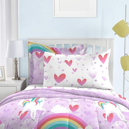 dream FACTORY Kids Twin Bedding Bundle with Unicorn Rainbow and Mermaid Dreams Comforters, Sheets and Shams (5-Piece Sets) - LeafyLoom