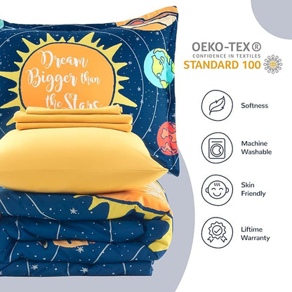 SLEEP ZONE 5 Pieces Bedding Super Soft Comforther Set, Soft Lightweight Bed in a Bag, Durable Children Bed Set, Easy Care, All Season (Solar System, Twin) - LeafyLoom