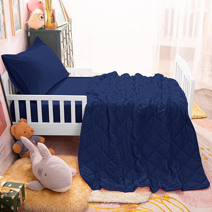 NTBAY Toddler Bedding Set - 4 Piece Soft and Breathable Crib Bedding Set for Boys and Girls, Includes Quilted Comforter, Fitted Sheet, Flat Top Sheet and Envelope Pillowcase, Navy Blue - LeafyLoom