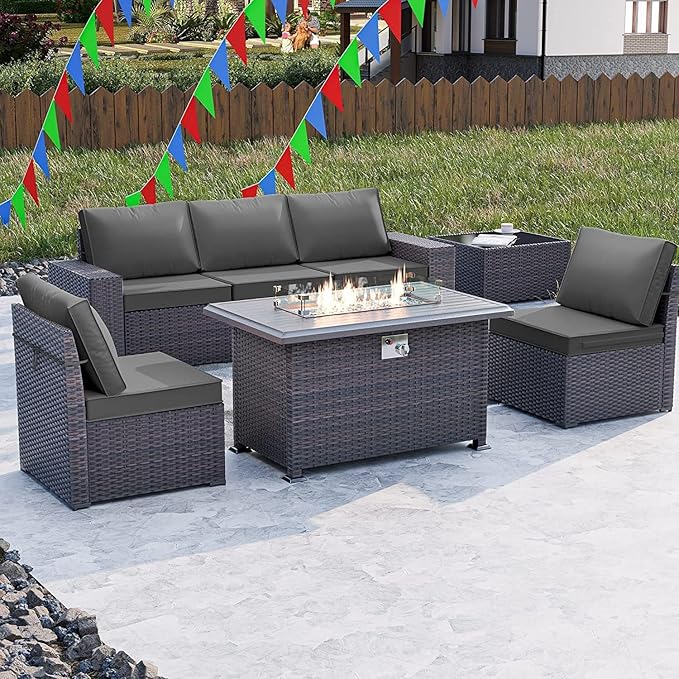 Kullavik 7 PCS Outdoor Patio Furniture Set with 43" 55000BTU Gas Propane Fire Pit Table PE Wicker Rattan Sectional Sofa Patio Conversation Sets for Outdoor,Grey - LeafyLoom