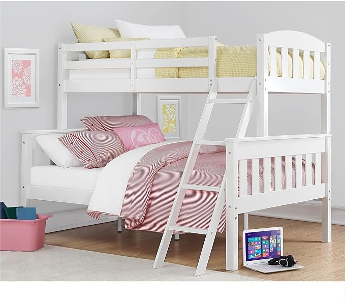 DHP Airlie Convertible Wood Bunk Bed, Stackable and Detachable Bed Frames for Kids and Teens, with Angled Ladder, High Guardrail, Wood Slats, No Boxspring Required, Twin-Over-Full, White - LeafyLoom