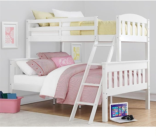 DHP Airlie Convertible Wood Bunk Bed, Stackable and Detachable Bed Frames for Kids and Teens, with Angled Ladder, High Guardrail, Wood Slats, No Boxspring Required, Twin-Over-Full, White - LeafyLoom