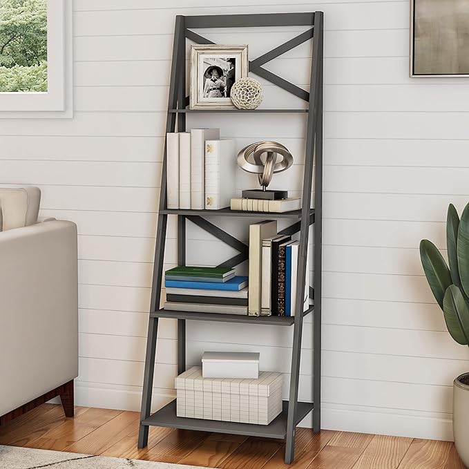 Lavish Home 4-Tier Ladder Bookshelf - Freestanding Shelved Bookcase with X-Back Frame and Leaning Look - Display Shelves for Home and Office (Gray) - LeafyLoom