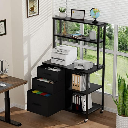 File Cabinet with Drawers and Shelves,Mobile Printer Stand with Storage,Black Filing Cabinet with Wheels for Home Office - LeafyLoom