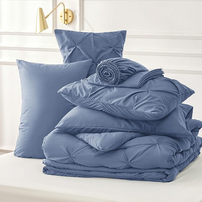 Bedsure Twin Comforter Set with Sheets - 5 Pieces Twin Bedding Sets, Pinch Pleat Slate Blue Twin Bed in a Bag with Comforter, Sheets, Pillowcase & Sham - LeafyLoom