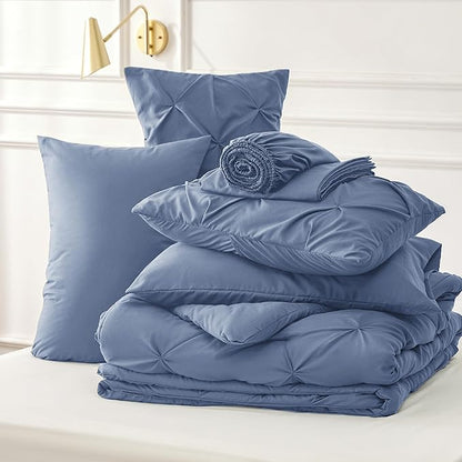 Bedsure Slate Blue King Size Comforter Set - Bedding Set King 7 Pieces, Pintuck Bed in a Bag Green Bed Set with Comforter, Sheets, Pillowcases & Shams - LeafyLoom