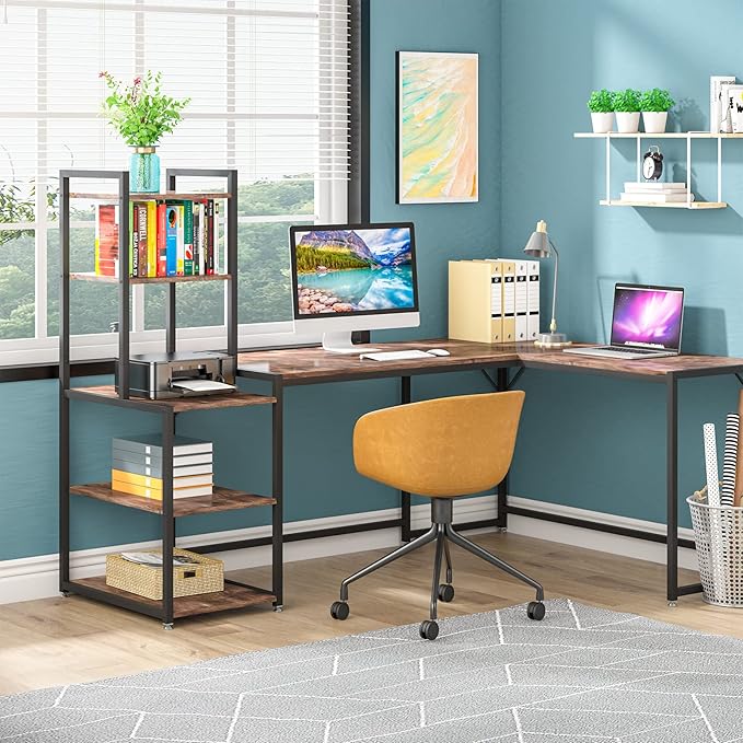 79 Inch Reversible L-Shaped Desk, Large Corner Computer Desk with 5 Tier Storage Shelves - LeafyLoom