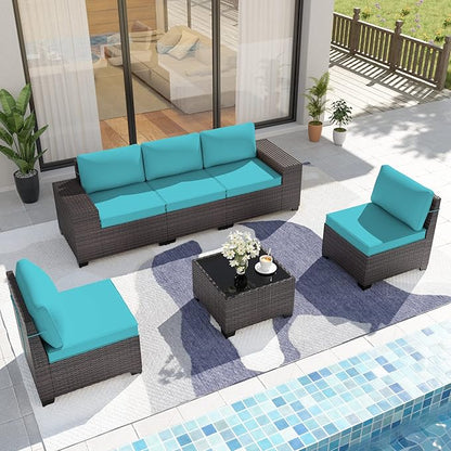 Patio Furniture Set Sofa 6-Piece Wicker PE Rattan Sectional Sofa Set, Outdoor Furniture Patio Conversation Sofa Set with Glass Coffee Table, Blue - LeafyLoom