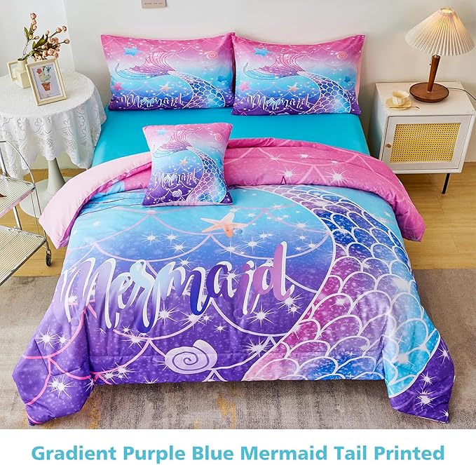 URBONUR Full Size Comforter Set for Girls Purple Blue Mermaid Tail Fish Scales Girls Bedding Set 6 Pcs Bed Sets with Comforter and Sheet Set, Soft All Season Bed in a Bag - LeafyLoom