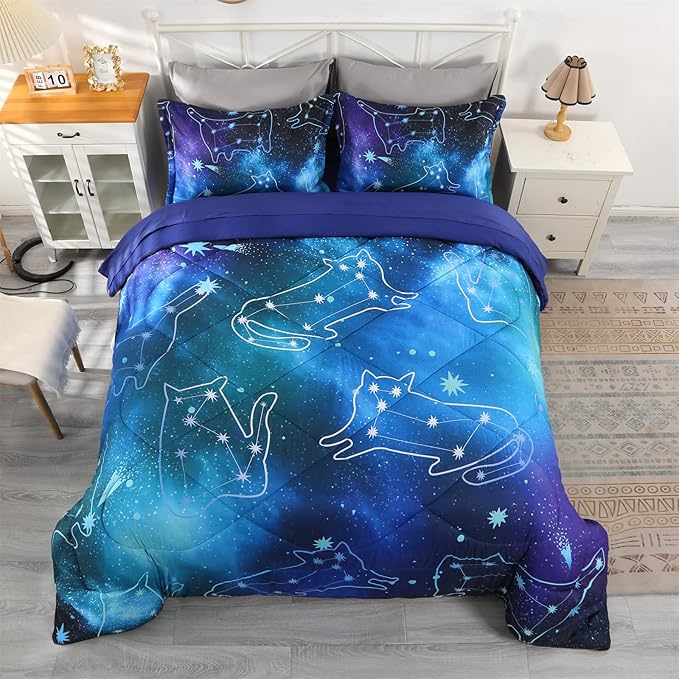 Wowelife 5 Piece Galaxy Space Cat Bedding Comforter Set Queen Constellation Bedding Set Blue Kids Bedding Set Bed in a Bag for Boys and Girls with Comforter, Flat Sheet, Fitted Sheet and 2 Pillowcases - LeafyLoom