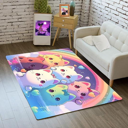 Rainbow Cat Rug for Girls - Colorful Cat Rug for Kids Bedroom Cute Cartoon Cat Pattern Rug Lovely Cat Rugs Room Decor Anime Cat Area Rug, 2x3 Feet - LeafyLoom