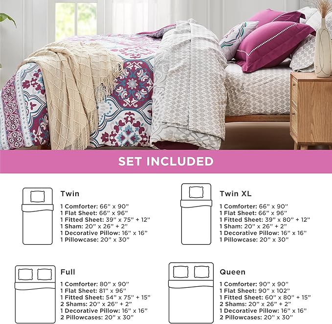 Degrees of Comfort Purple Comforter Set,Queen Boho Bedding Sets with Sheets,Bohemian Microfibe Bed in A Bag with Side Pockets, Matching Decorative Pillow, 8 Piece - LeafyLoom