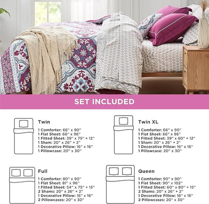 Degrees of Comfort Purple Comforter Set,Queen Boho Bedding Sets with Sheets,Bohemian Microfibe Bed in A Bag with Side Pockets, Matching Decorative Pillow, 8 Piece - LeafyLoom