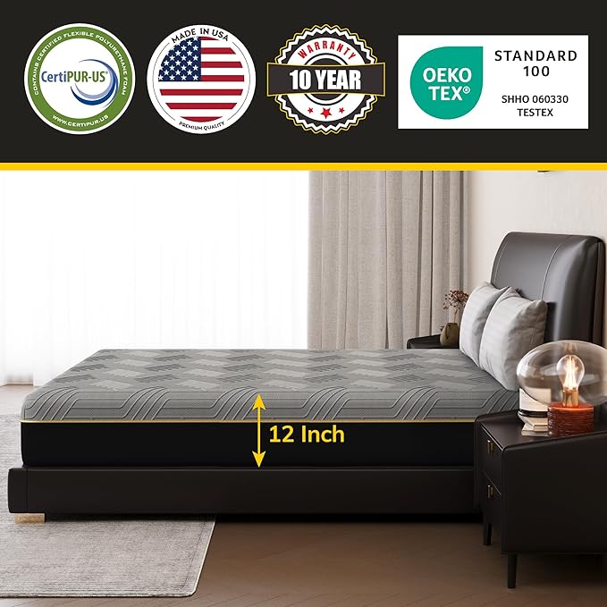 EGOHOME 12 Inch Queen Mattress, Copper Gel Cooling Memory Foam Mattress for Back Pain Relief,Therapeutic Double Matress Bed in a Box, CertiPUR-US Certified, 60x80x12 Black - LeafyLoom