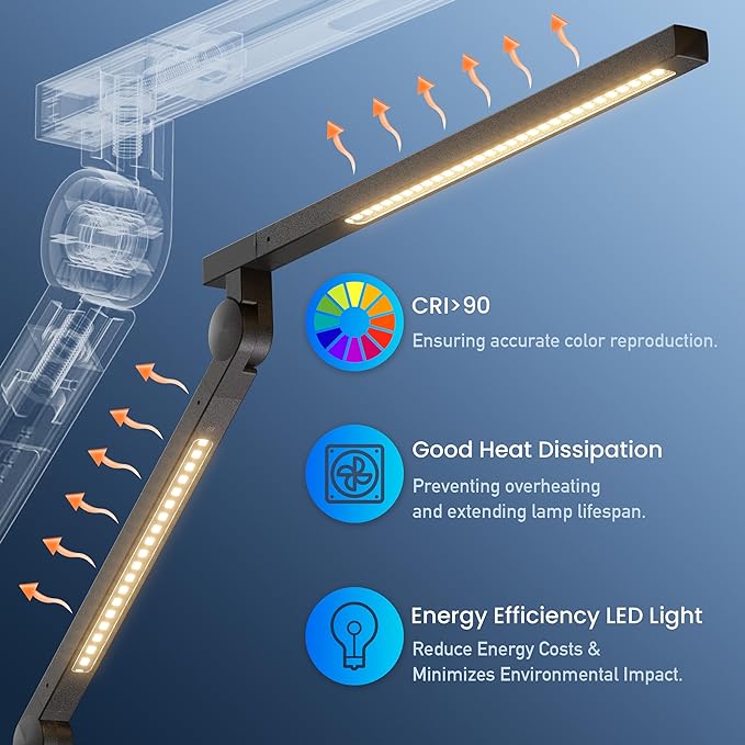 Desk Lamp, Desk Light with Clamp, Stepless Dimming & Adjustable Color Temperature Modern Eye-Caring Architect Lamp with Memory & Timing Function for Study, Work, Home, Office, 15W - LeafyLoom