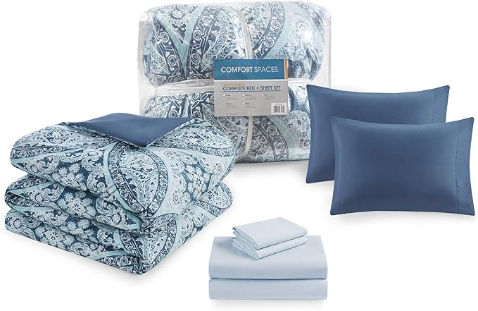 Comfort Spaces Bed in A Bag - Trendy Casual Design Cozy Comforter with Complete Sheet Set with Side Pocket, All Season Cover, Matching Shams, King(104"x90"), Gloria, Damask Blue 9 Piece - LeafyLoom