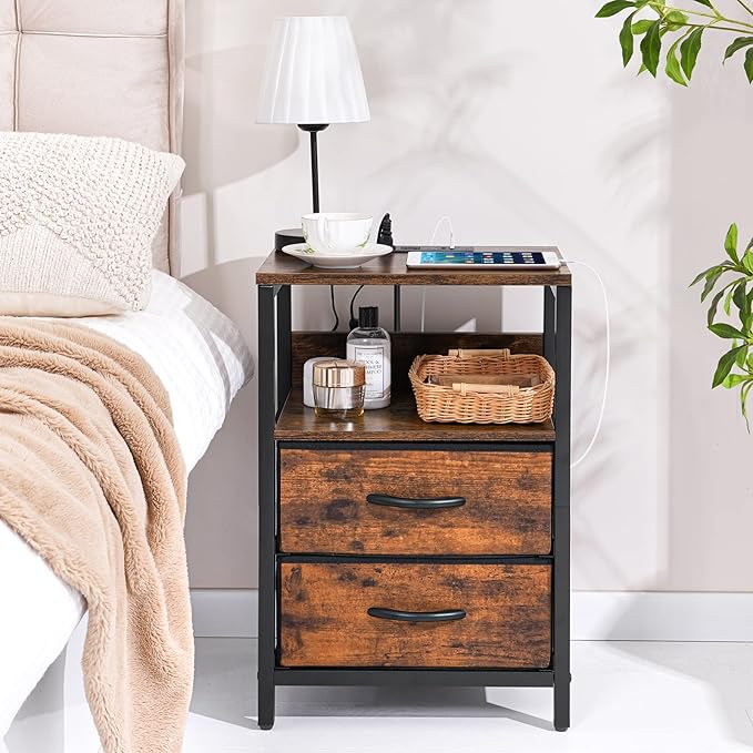 Yoobure Nightstand with Charging Station, Small Night Stand with Fabric Drawers and Storage Shelf for Bedrooms, Small Spaces, Bedside Table with USB Ports & Outlets - LeafyLoom