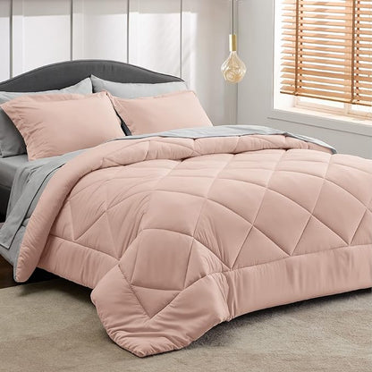 Bedsure Blush Pink Queen Comforter Set - 7 Pieces Reversible Queen Bed in a Bag Queen Bed Set with Comforters, Sheets, Pillowcases & Shams, Queen Bedding Sets - LeafyLoom