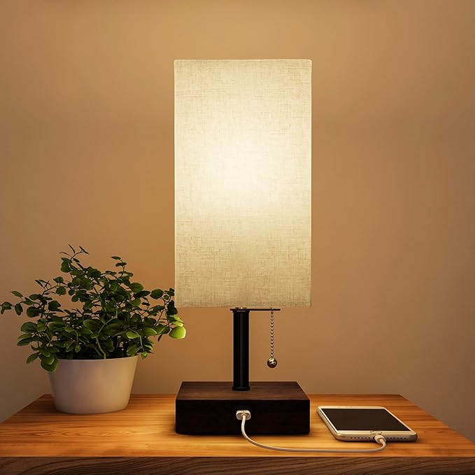 Lavish Home LED Desk Lamp with USB Charging Port - Small Bedside Table Light for Reading - Bedroom, Living or Dining Room, Dorm Decor (Linen/Brown) - LeafyLoom